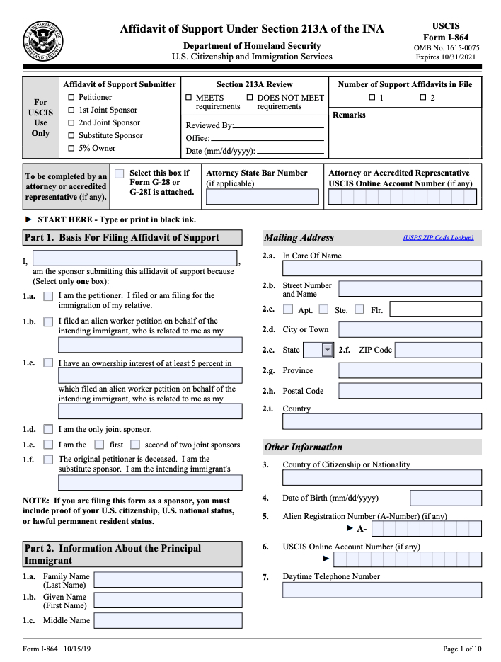 Formularz I-864 - pierwsza strona standardowego formularza Affidavit of Support